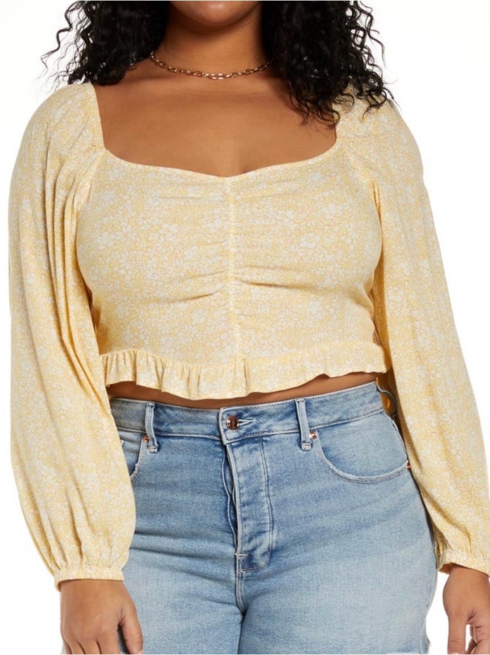 bp Yellow Floral Puff-Sleeve Crop Blouse